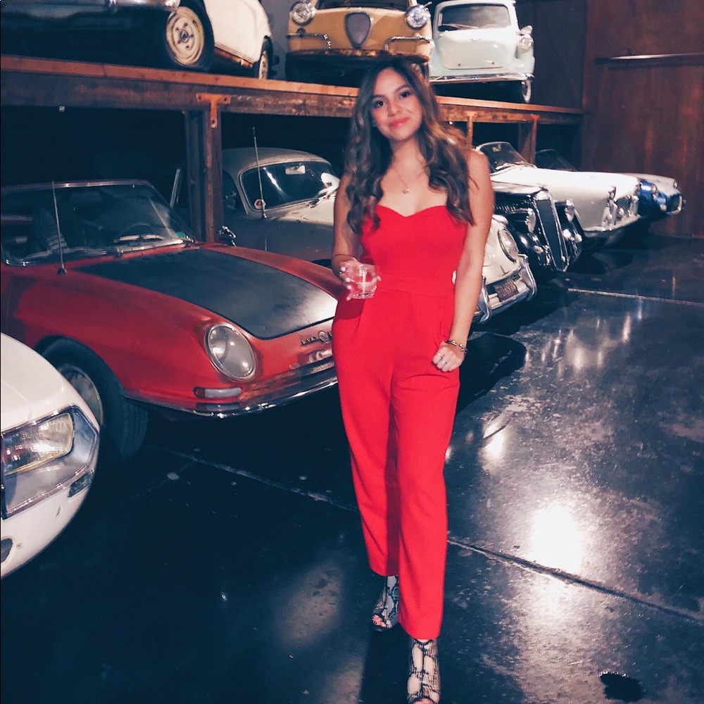 red strapless jumpsuit